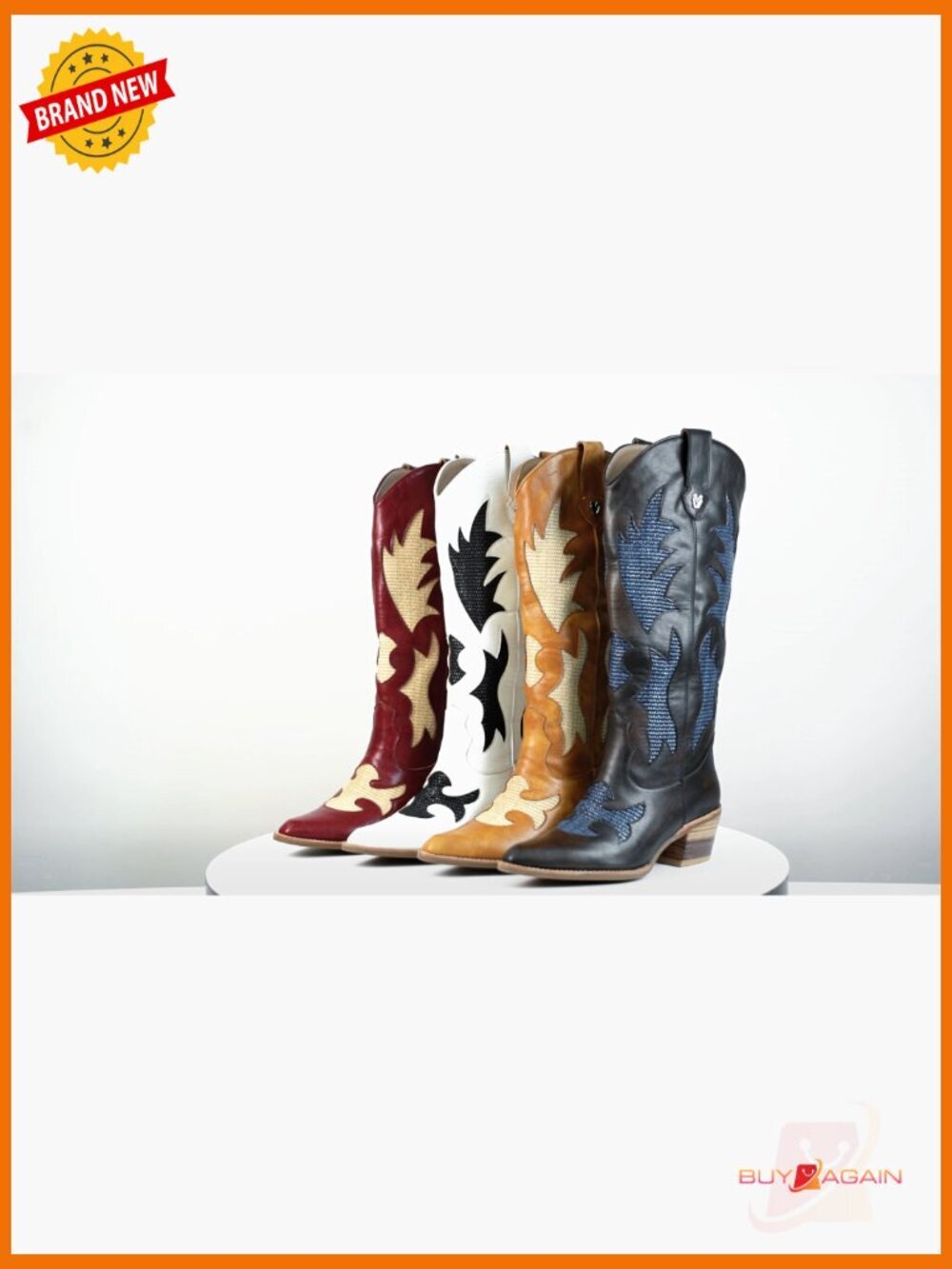 Western Mid Calf Pointed Toe Chunky Heel Cowgirl Boots with Embroidered - Picture 7 of 7